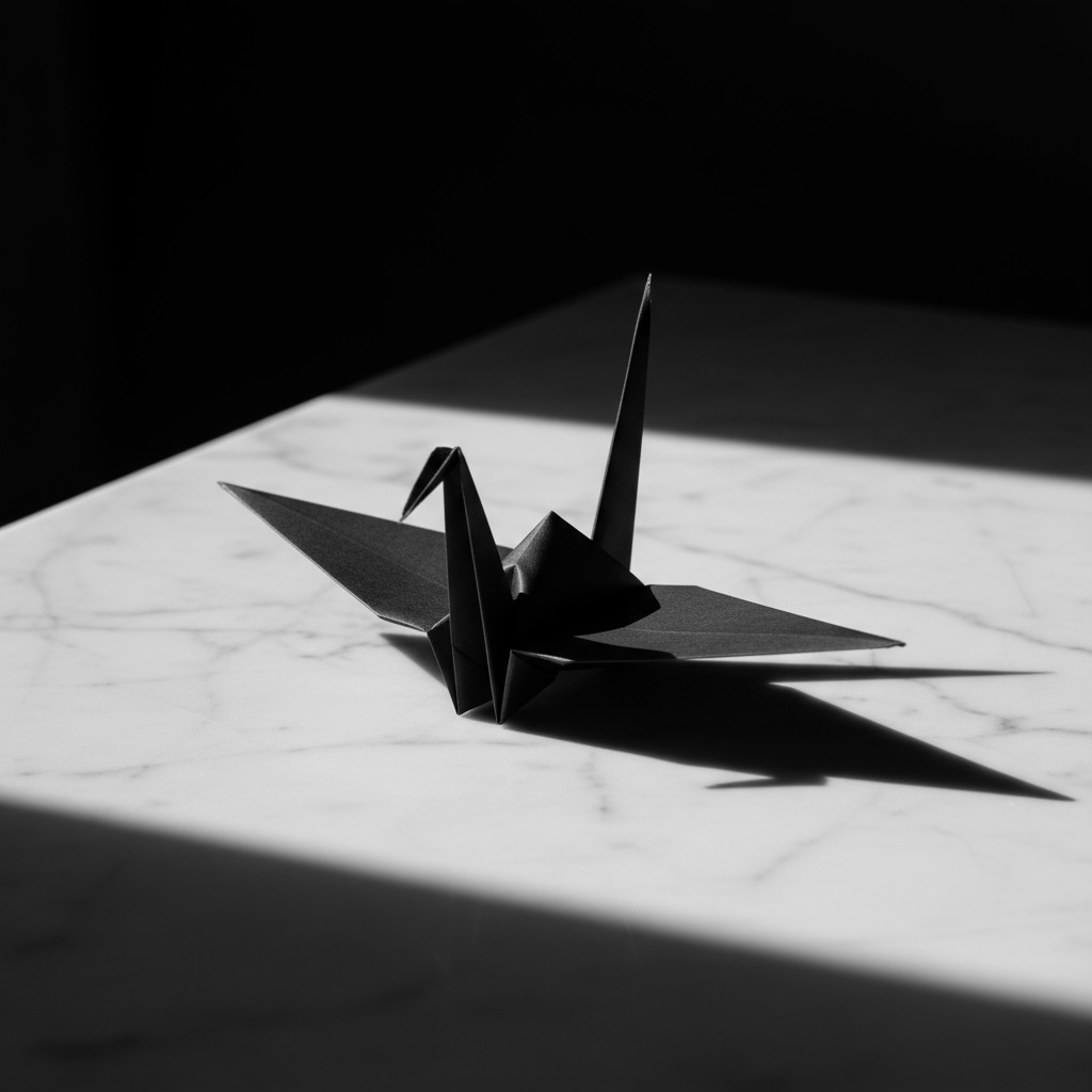 An origami crane, an iconic and symbolic foldable art, crafted from paper with a sleek black finish and a pointed beak and...